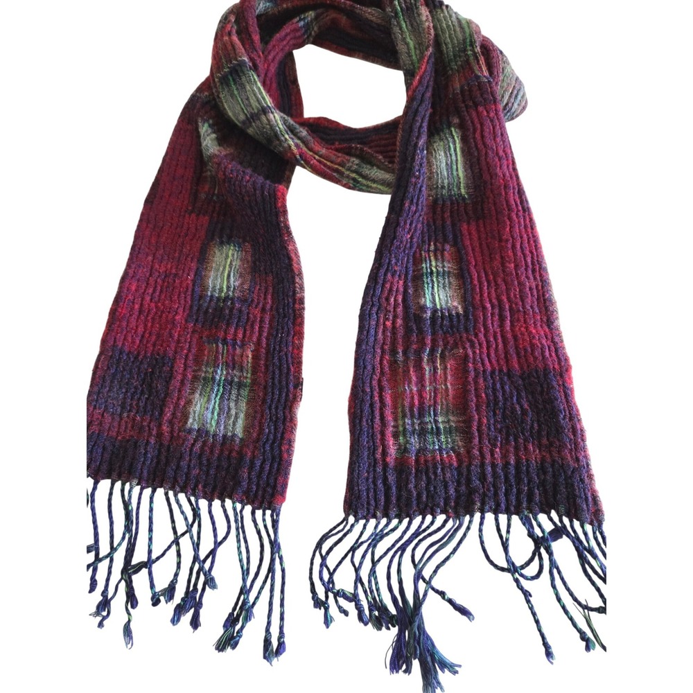 Asian Eye Scarf Womens Burgundy Wool Blend Ribbed Plaid Patchwork Fringe Art